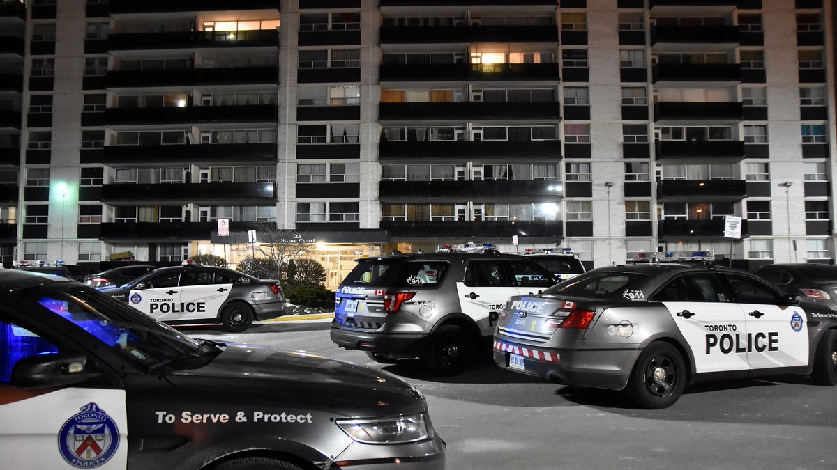 Police say a 14-year-old girl was shot in the head at an apartment building on Stong Court, near Jane St & Finch Av in North York. Victim transported by emergency run to a children's hospital with very critical injuries. Four suspects fled on foot