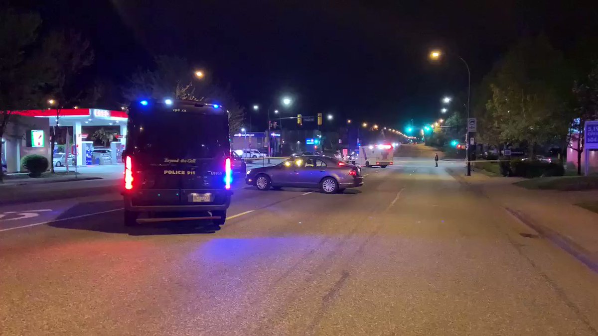 Emergency crews on scene of a serious collision involving a cyclist and a Tesla at Grandview Highway and Rupert Street. Roads are being closed in the area. Cyclist has been taken away in an ambulance. 