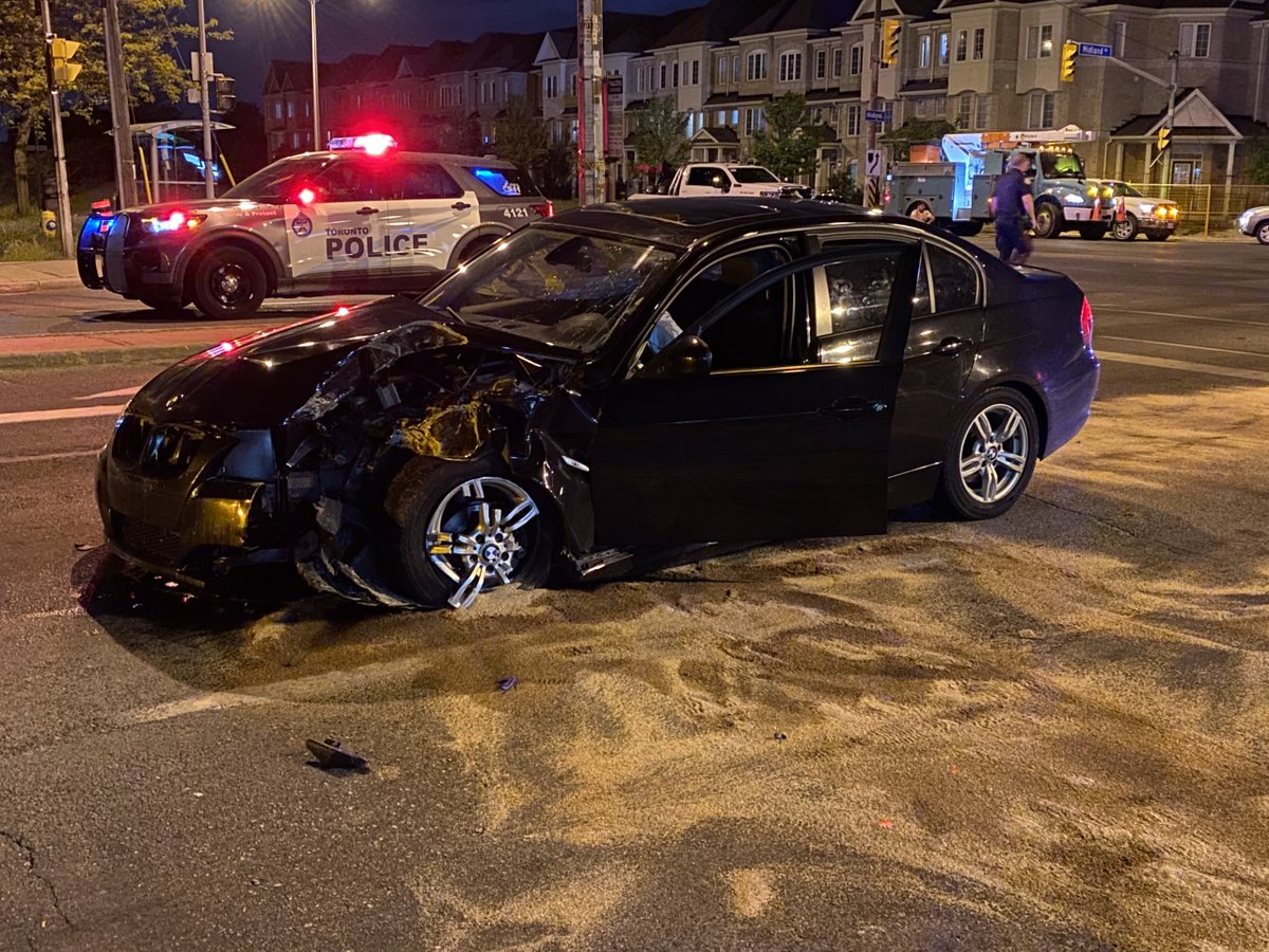 One person has been taken into custody for impaired driving after a two vehicle collision at Midland and St. Clair Avenues Tuesday night. A light standard was destroyed and the intersection is closed as police investigate