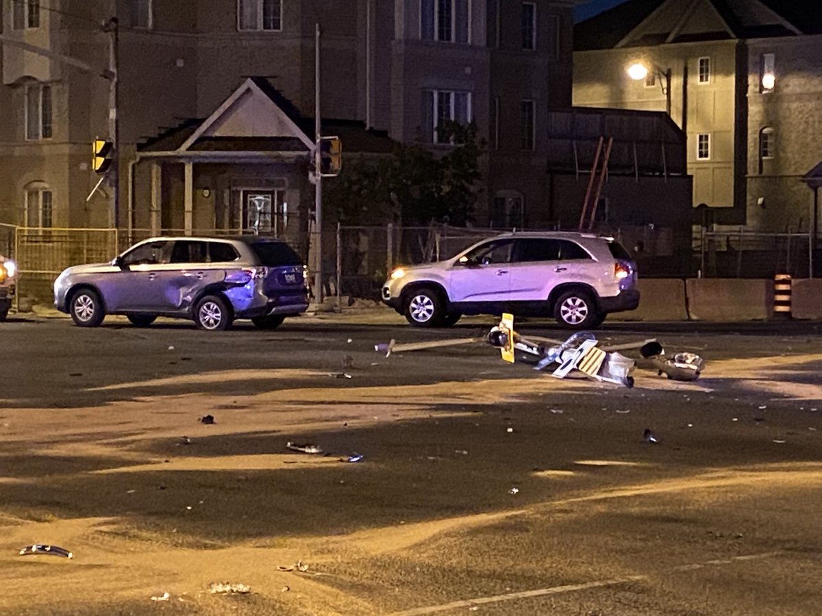 One person has been taken into custody for impaired driving after a two vehicle collision at Midland and St. Clair Avenues Tuesday night. A light standard was destroyed and the intersection is closed as police investigate