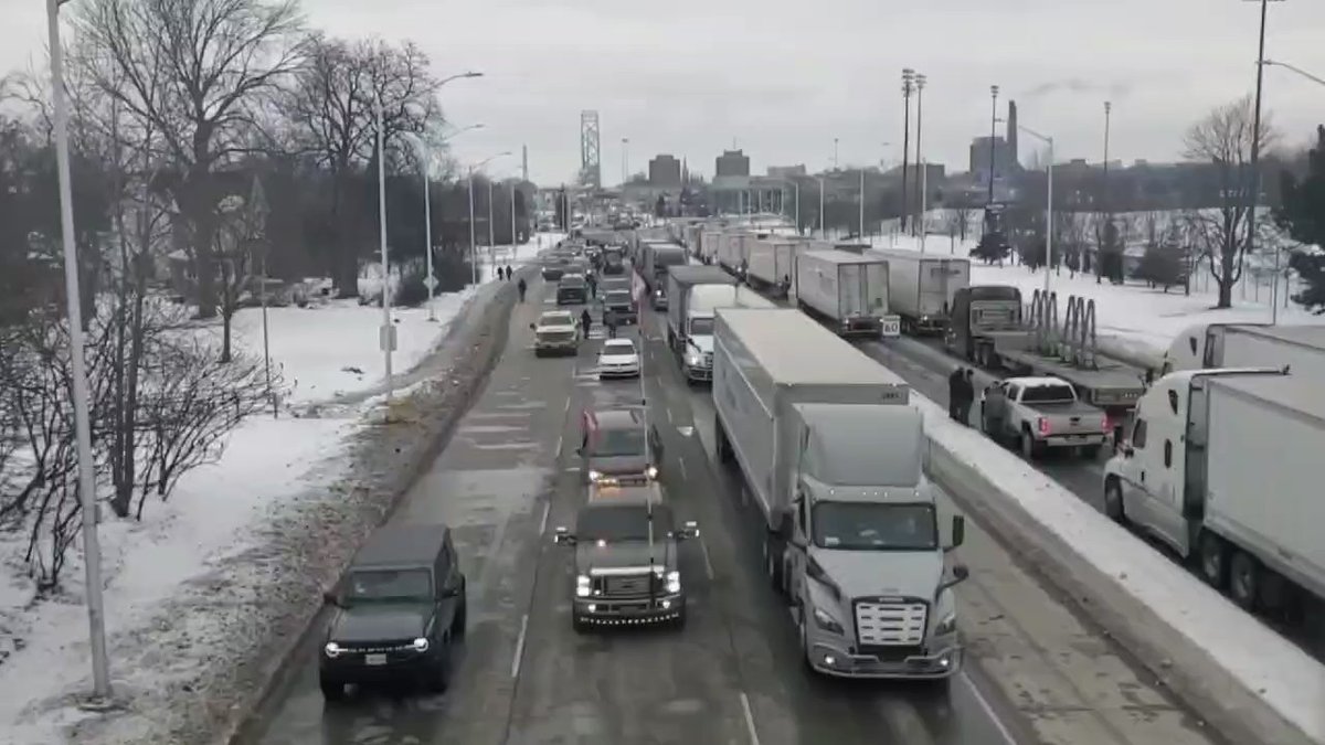 Windsor, the Ambassador Bridge closed due to the protest of the truckers. After Coutts, another strategic US - Canada border crossing is blocked