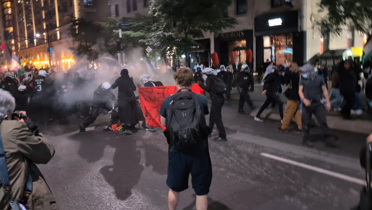 Police clash with protesters during a rally in support of Palestinians in Gaza and the occupied West Bank, in Montreal, Canada.