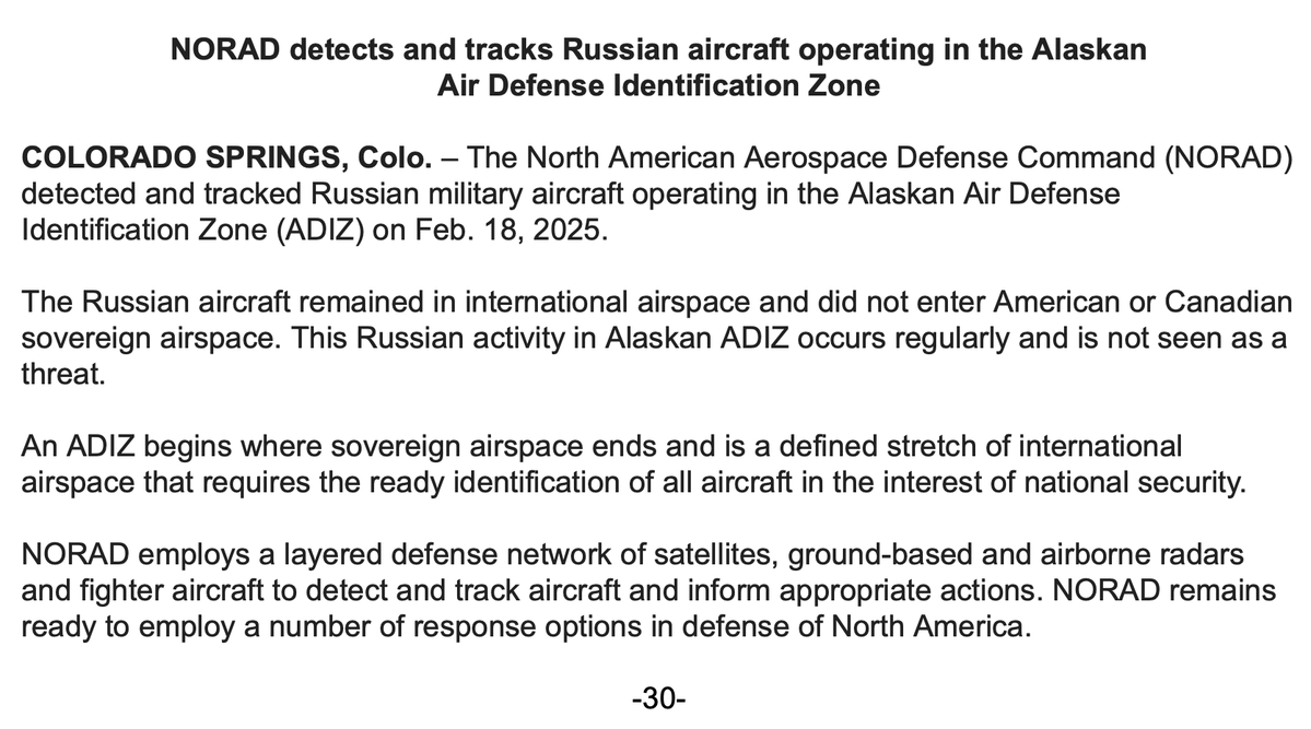 NORAD tracked Russian military aircraft in the Alaskan Air Defense Identification Zone (ADIZ) on Tuesday. The Russian aircraft remained in international airspace and did not enter American or Canadian sovereign airspace. Not seen as a threat per statement