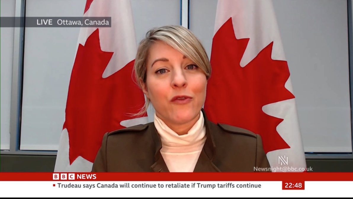 Canadese minister van Buitenlandse Zaken Joly vertelt Victoria op @BBCNewsnight dat bedreigingen voor de Canadese onafhankelijkheid geen grap zijn wanneer Trump-functionarissen met hen praten, zeggen ze dat militaire samenwerking en water op tafel liggen ze hebben ons met verschillende dingen bedreigd