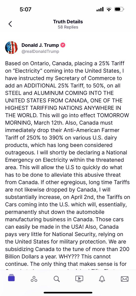 In een bericht dat werd verwijderd en opnieuw werd geplaatst, zei Trump dat hij: - de Canadese auto-industrie permanent zal sluiten door de tarieven aanzienlijk te verhogen; - een nationale noodtoestand voor energie zal uitroepen; - de tarieven op staal en aluminium uit Canada zal verhogen tot 50%