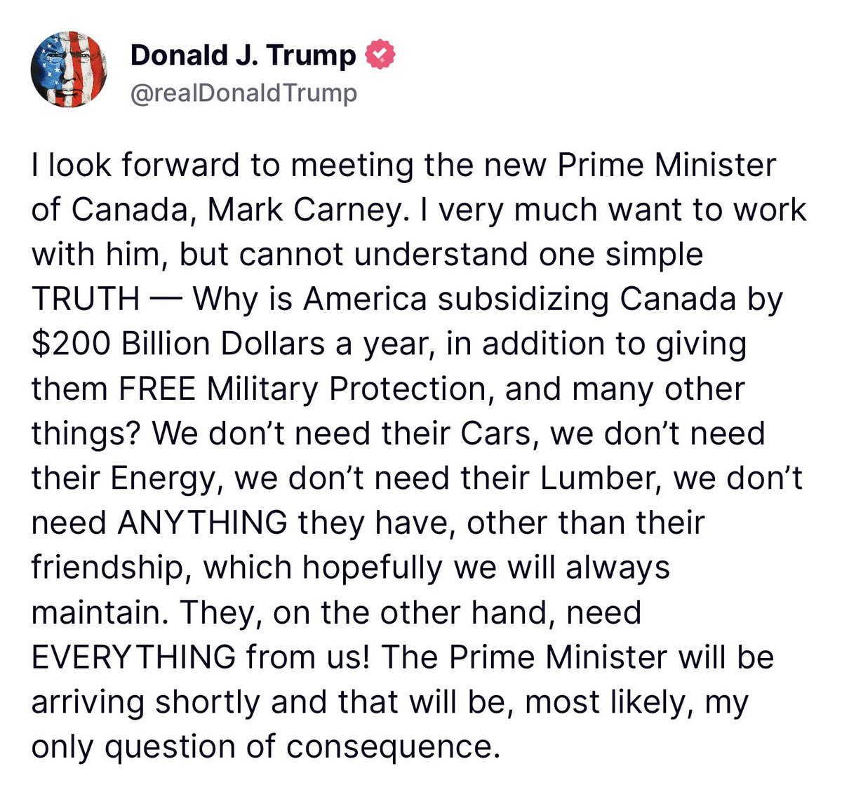 POTUS: „Nie mogę się doczekać spotkania z nowym premierem Kanady, Markiem Carneyem