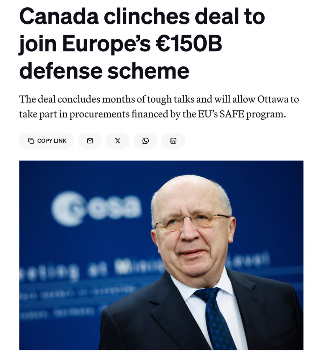 Canada has reached a final agreement to join the EU’s €150 billion Security Action for Europe program, - POLITICO. The breakthrough follows months of technically complex negotiations and was communicated directly to ministers taking part in Monday's Foreign Affairs Council