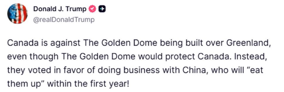 Trump slams Canada over Greenland ‘Golden Dome’ rejection, warns of Chinese ‘takeover’. POTUS claims Ottawa is spurning a protective shield in favor of trade deals with Beijing that will see the country ‘eaten up’ within a year.