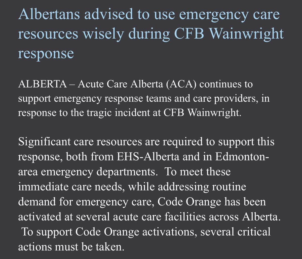 Acute Care Alberta activates Code Orange at several facilities to support emergency response to the deadly fire and explosion at Canadian Forces Base Wainwright. A message from Alberta's provincial health agency following the CFB Wainwright disaster.
